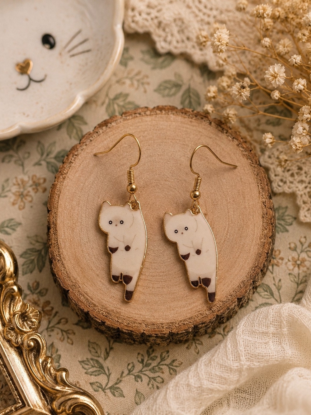 Cute Cream Cat Siamese Enamel Drop Earrings - New